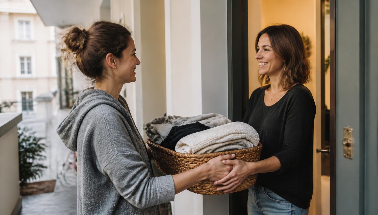 Une partenaire MAMA remet un panier de linge propre à une cliente devant chez elle